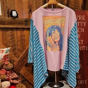 164 Graphic Janis Joplin Long Sleeve Tee with Striped Sleeves